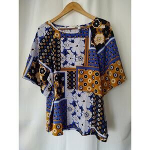 D&Co White Yellow Purple Floral Short Sleeve Round Neck Blouse Size Large